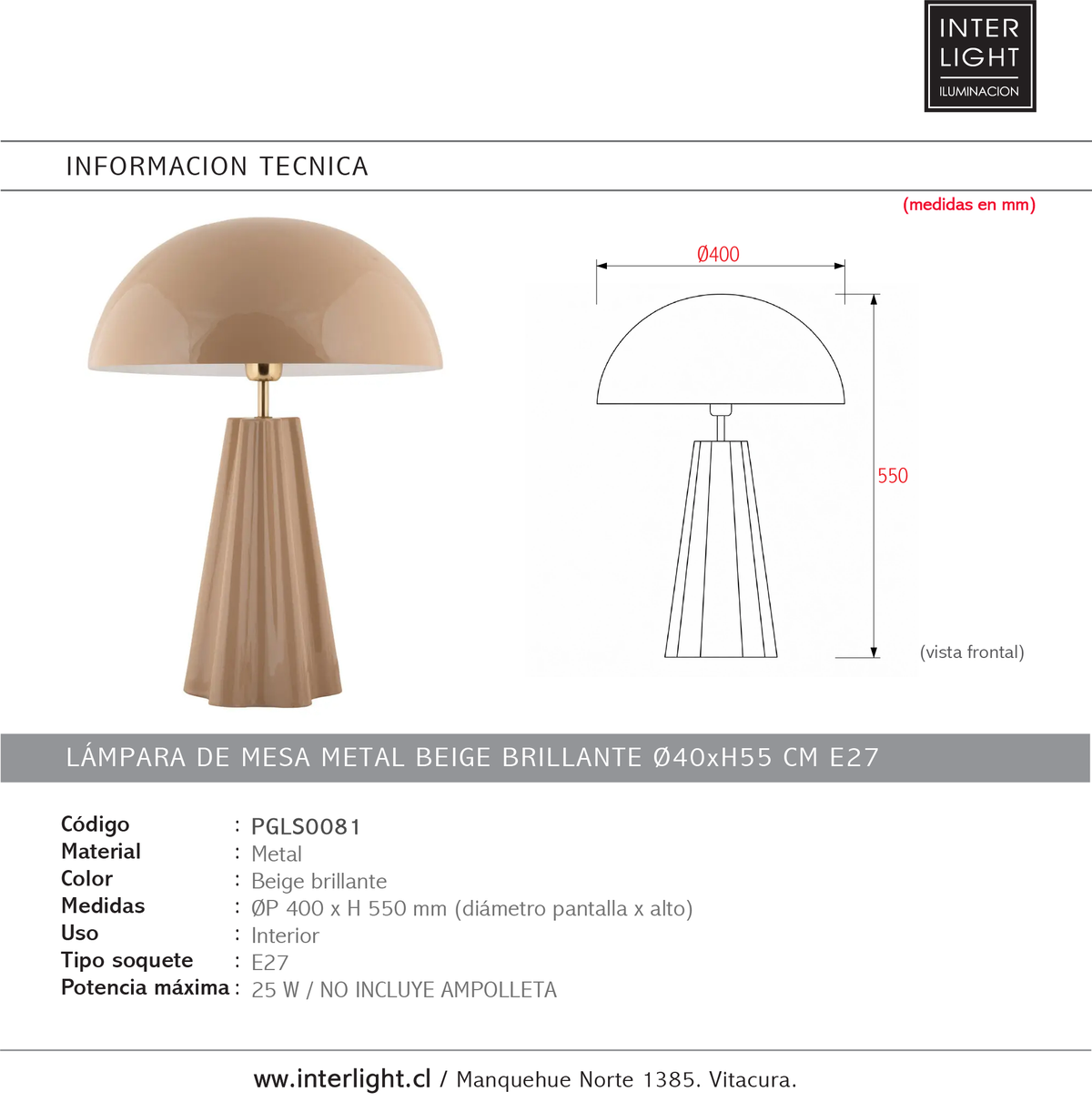 Lámpara de mesa metal beige brillante Ø40xH55 cm E27 - PGLS0081