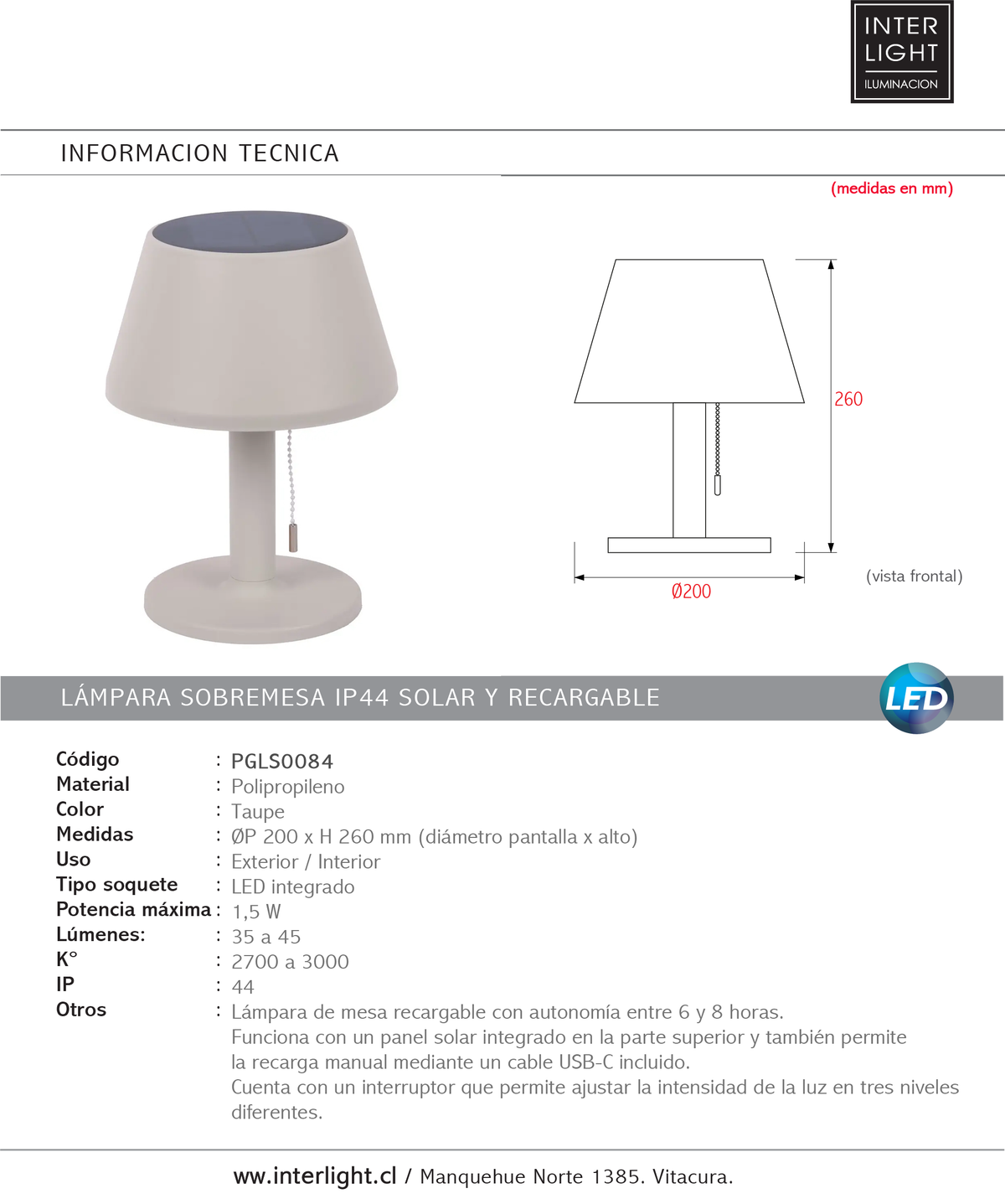 Lámpara de mesa polipropileno taupe interior/exterior Ø20xH26 cm LED - PGLS0084