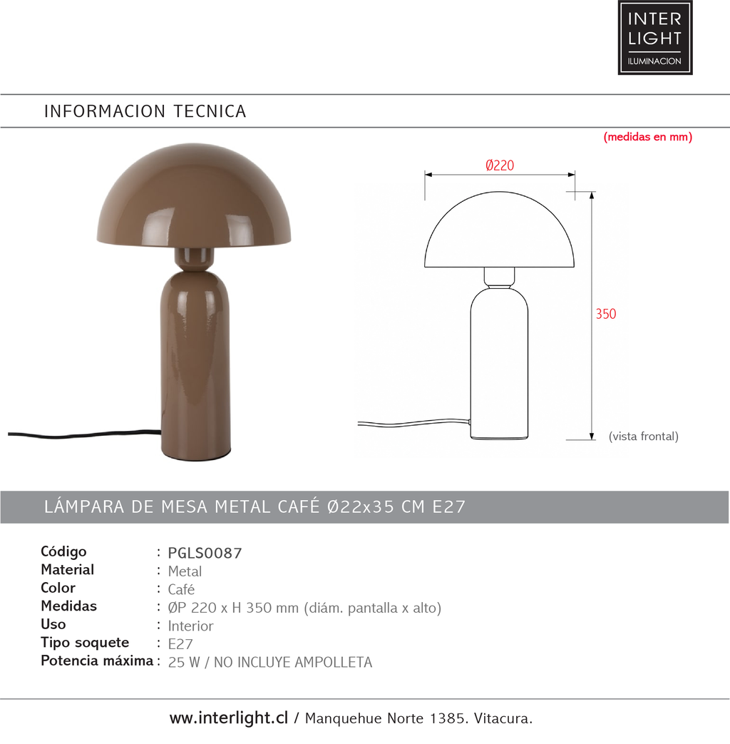 Lámpara de mesa metal café Ø22xH35 cm E27 - PGLS0087