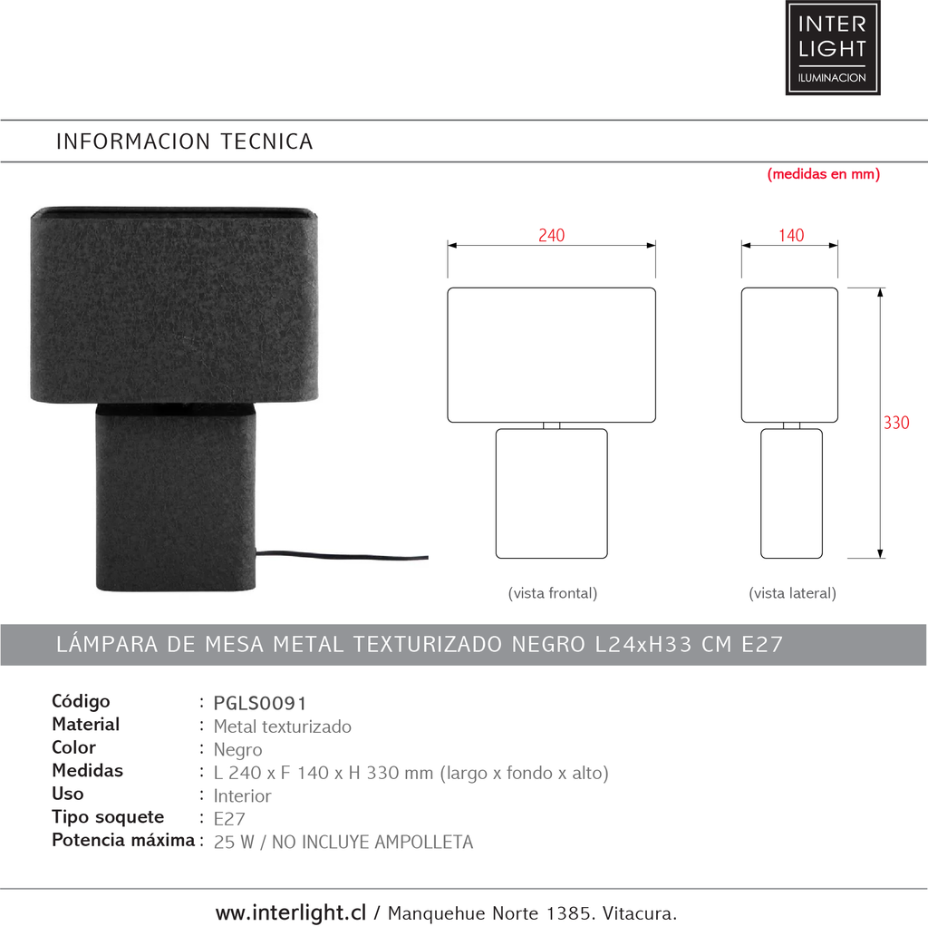 Lámpara de mesa metal texturizado negro L24xH33 cm E27 - PGLS0091