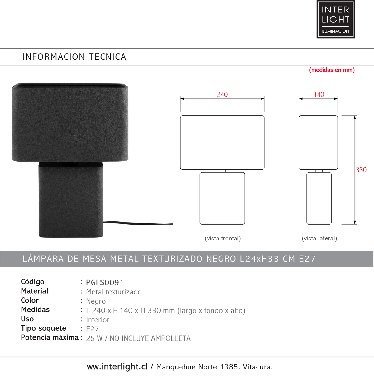 Lámpara de mesa metal texturizado negro L24xH33 cm E27 - PGLS0091