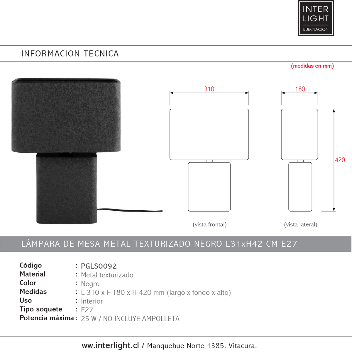 Lámpara de mesa metal texturizado negro L31xH42 cm E27 - PGLS0092