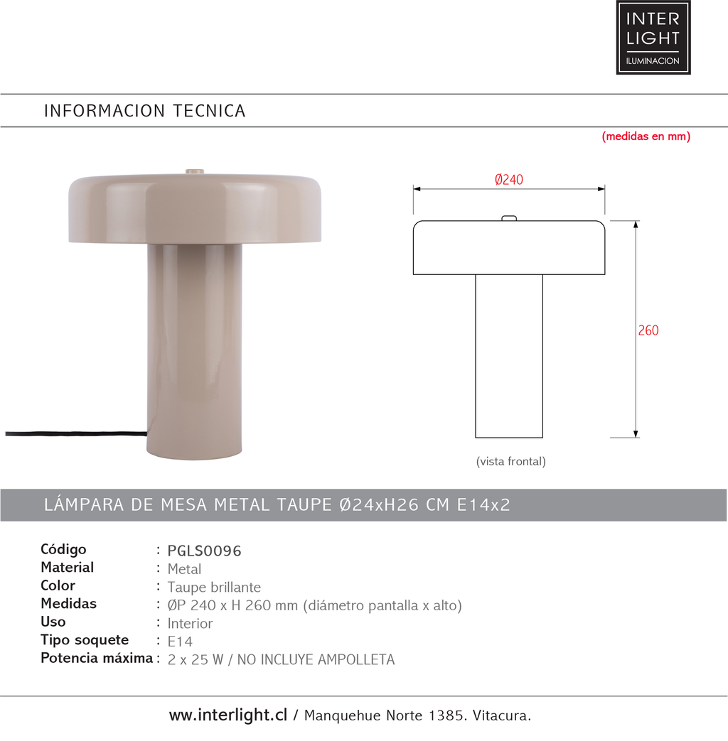 Lámpara de mesa metal taupe Ø24xH26 cm E14x2 - PGLS0096