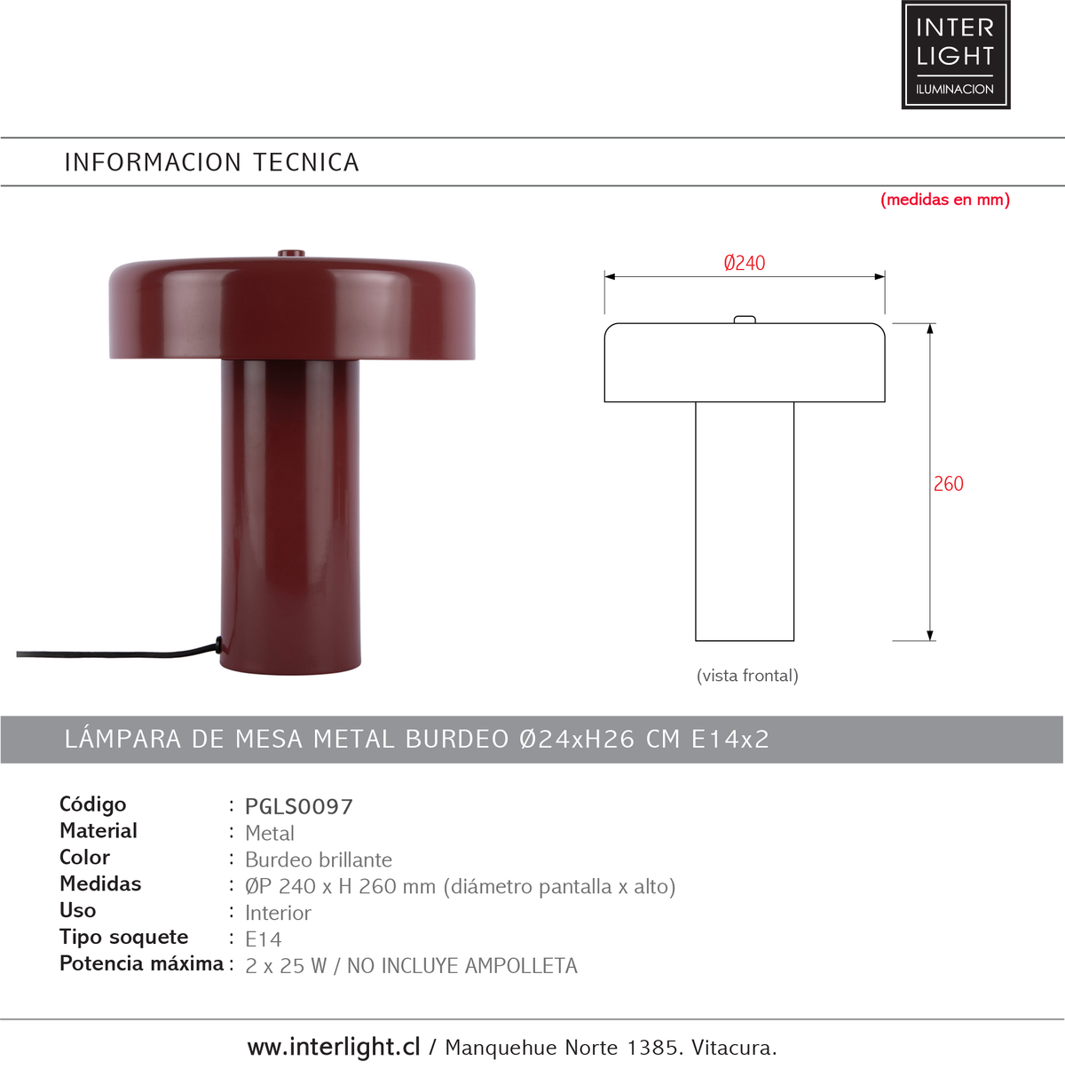 Lámpara de mesa metal burdeo Ø24xH26 cm E14x2 - PGLS0097