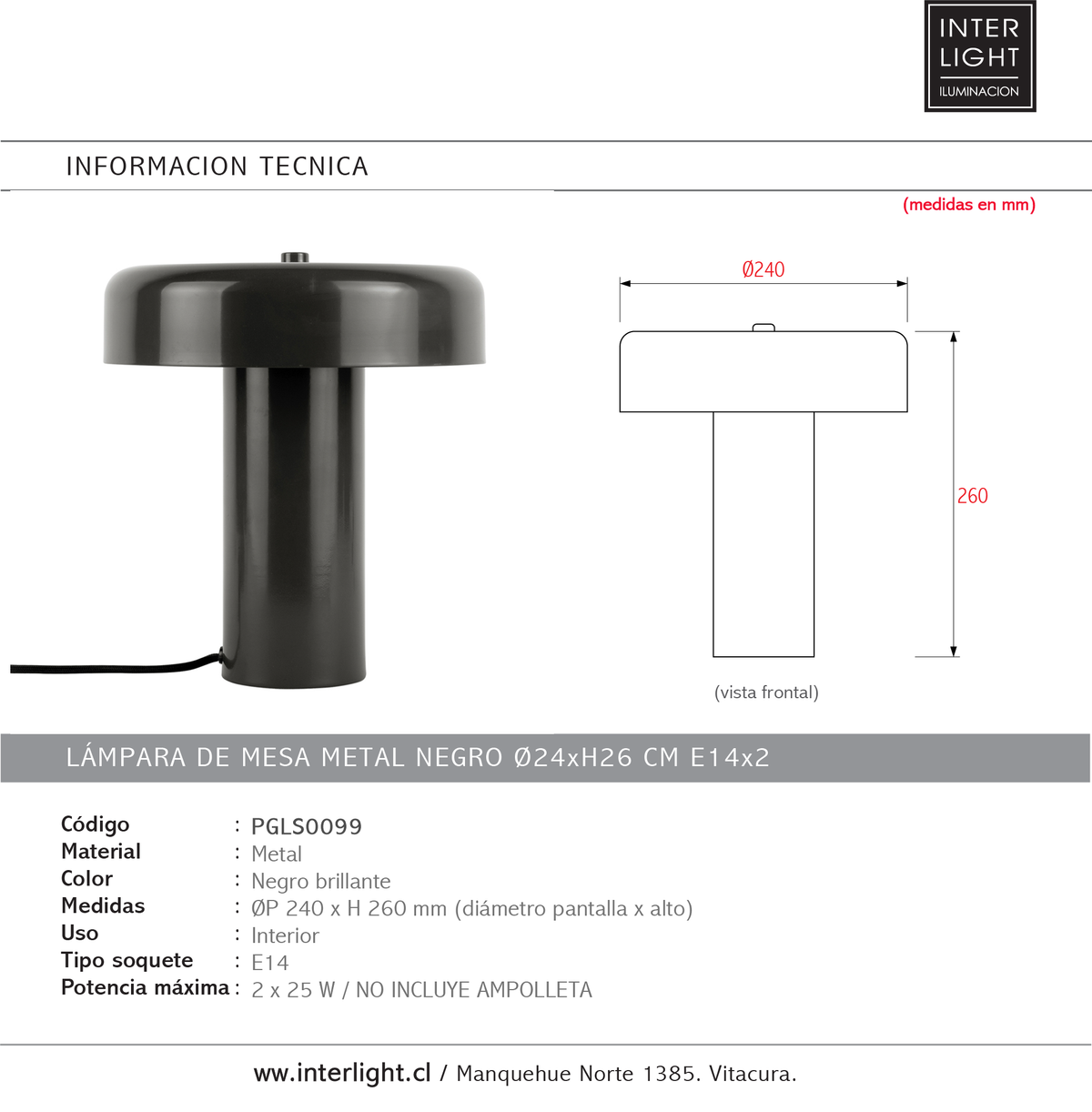 Lámpara de mesa metal negro Ø24xH26 cm E14x2 - PGLS0099