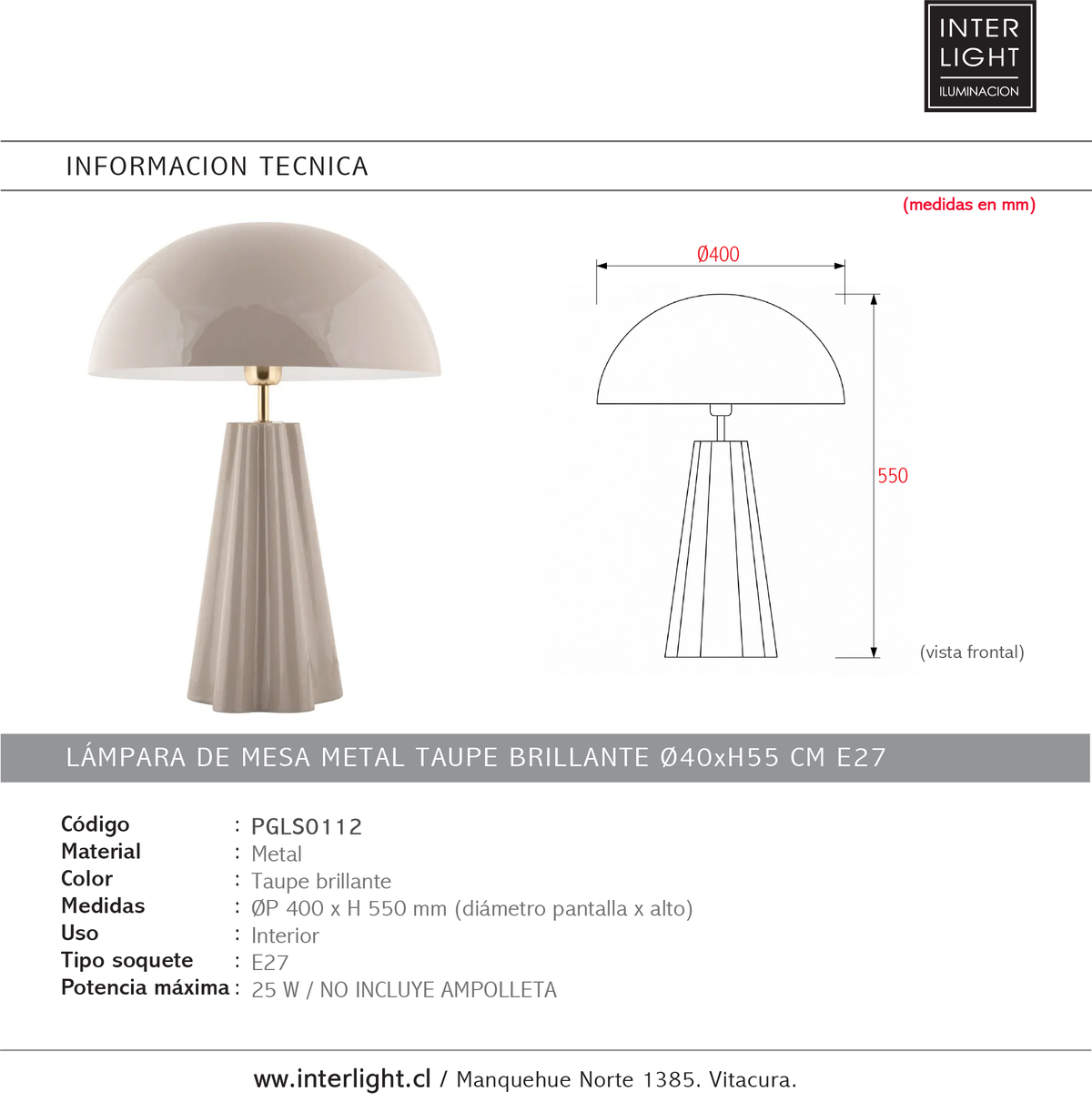 Lámpara de mesa metal taupe brillante Ø40xH55 cm E27 - PGLS0112