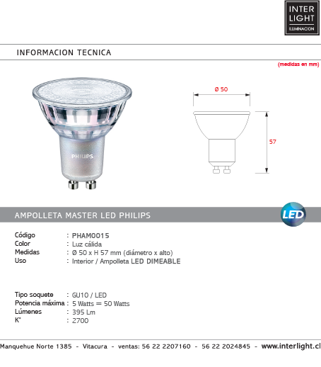 Ampolleta luz cálida LED Dimeable GU10 5 W - PHAM0015