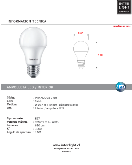 Ampolleta empavonada 9W 3000K  Cálida - PHAM0058