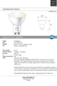 Ampolleta Inteligente wIfi bluetooth GU10 4.7W 2700K - 6500K - PHAM0061