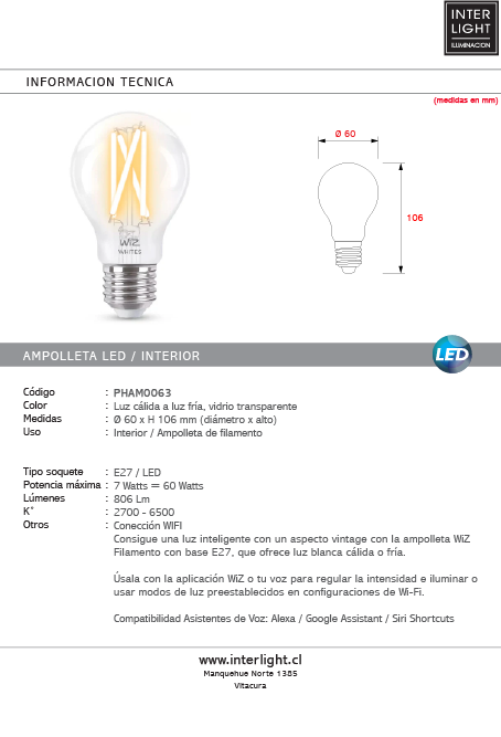 Ampolleta Inteligente WIfi-Bluetooth A60 E27 7W 2700K - 6500K - PHAM0063