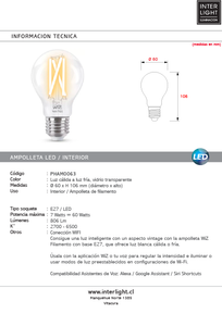 Ampolleta Inteligente WIfi-Bluetooth A60 E27 7W 2700K - 6500K - PHAM0063