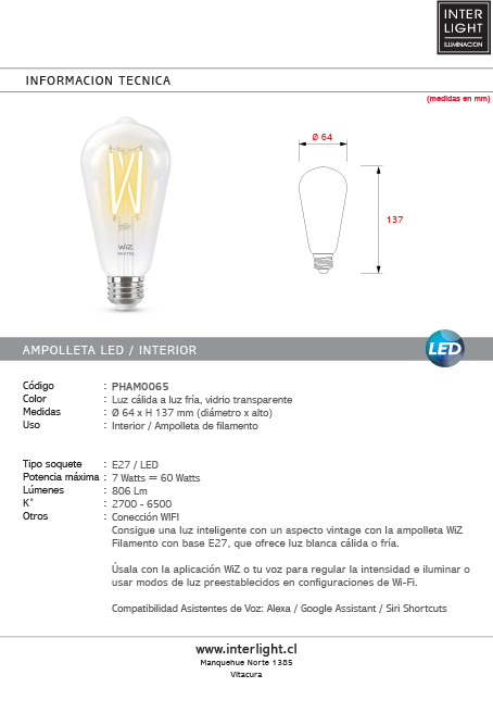 Ampolleta ST64 filamento LED 7W 2700K-6500K control de voz - PHAM0065