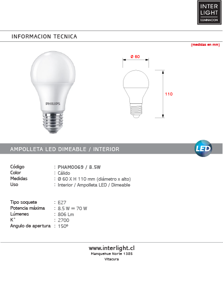 Ampolleta empavonada cálida dimeable E27 8.5W A60 - PHAM0069