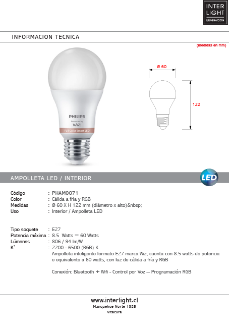Ampolleta empavonada WIZ RGB - E27 8.5W A60 - PHAM0071