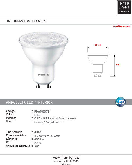 Ampolleta luz cálida LED GU10 4.7W 2700K - PHAM0073