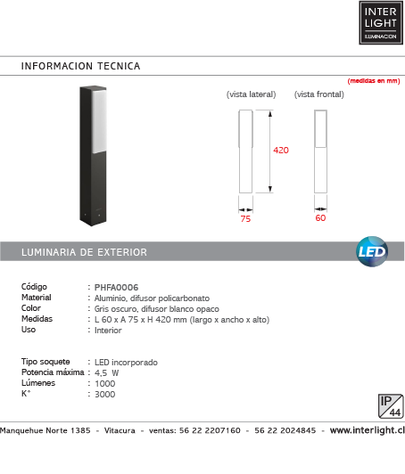 Farol aluminio gris oscuro exterior 6x42 cm LED 4,5W - PHFA0006