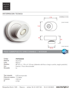 Foco aluminio blanco 8,5x17,8x13 cm LED 7,5 W - PHFO0009