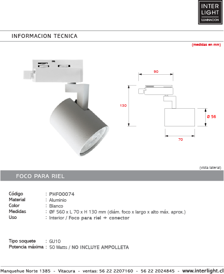 Foco para Riel aluminio blanco dirigible GU10 - PHFO0074