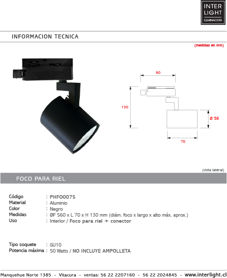 Foco para riel aluminio negro dirigible GU10 50W - PHFO0075