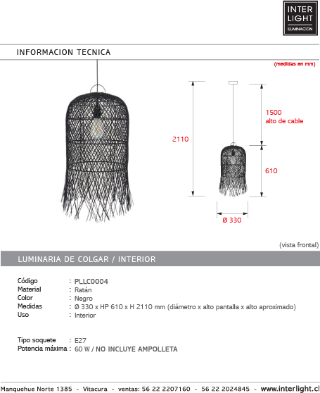 Lámpara colgante ratán negro Ø33x61 cm E27 - PLLC0004