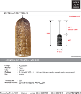 Lámpara colgante ratán natural Ø20x49 cm E27 - PLLC0005