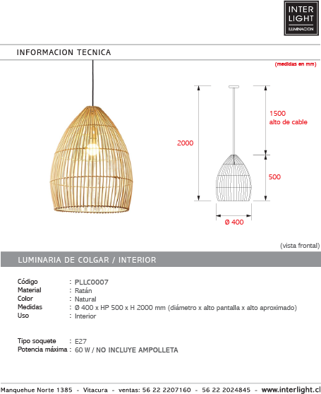Lámpara colgante ratán natural Ø40x50 cm E27 - PLLC0007