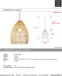Lámpara colgante ratán natural Ø60x67 cm E27 - PLLC0008