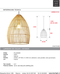 Lámpara colgante ratán natural Ø80x90 cm E27 - PLLC0009