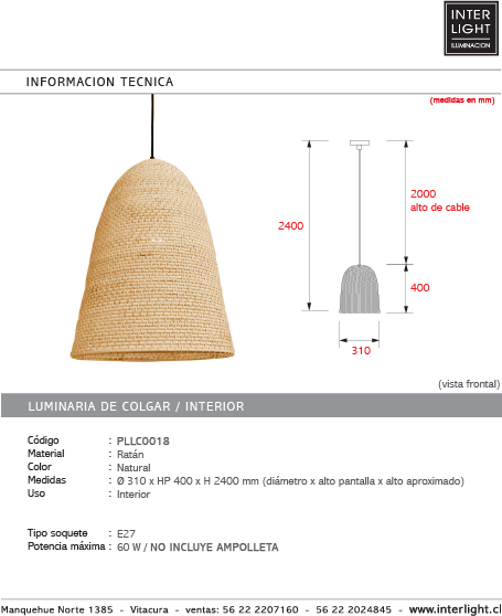 Lámpara colgante ratán natural Ø31x40 cm E27 - PLLC0018
