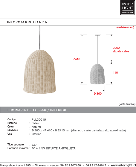 Lámpara colgante ratán natural Ø36x41 cm E27 - PLLC0019