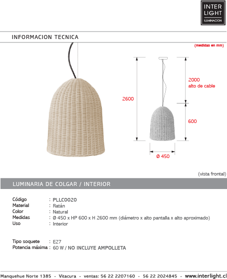 Lámpara colgante ratán natural Ø45x60 cm E27 - PLLC0020