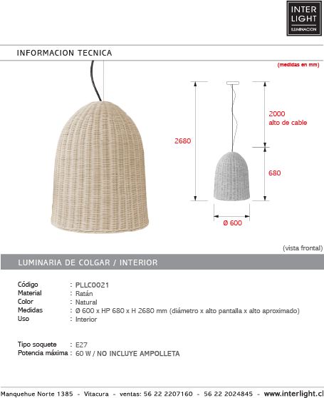 Lámpara colgante ratán natural Ø60x68 cm E27 - PLLC0021