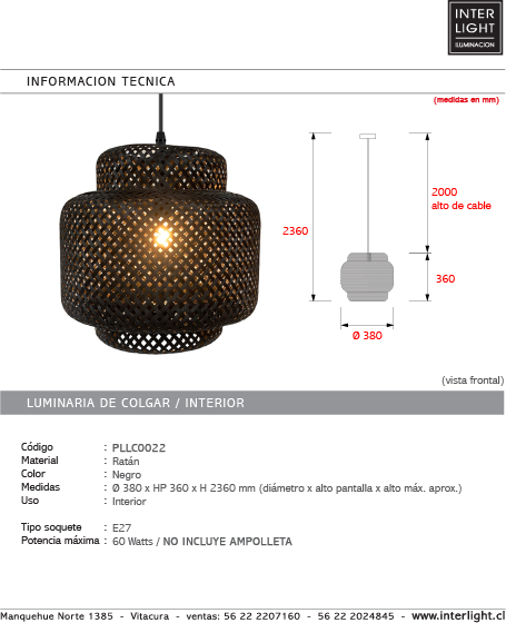 Lámpara colgante ratán negro Ø38x36 cm E27 - PLLC0022