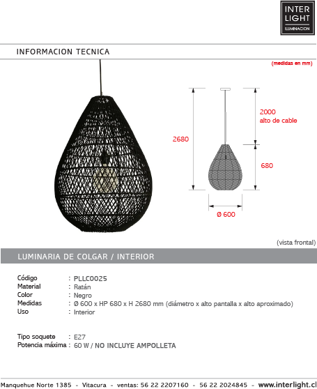 Lámpara colgante ratán negro Ø60x68 cm E27 - PLLC0025