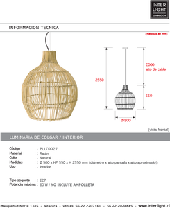 Lámpara colgante ratán natural Ø50x55 cm E27 - PLLC0027