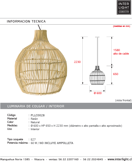 Lámpara colgante ratán natural Ø60x65 cm E27 - PLLC0028