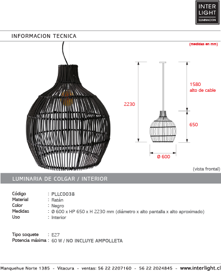 Lámpara colgante ratán negro Ø50x55 cm E27 - PLLC0038