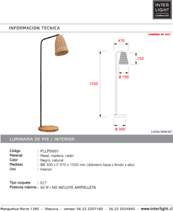 Lámpara de pie metal negro madera ratán natural Ø30x1,55 cm E27 - PLLP0001