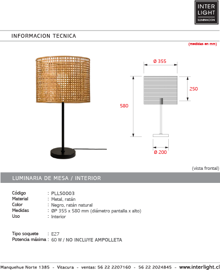 Lámpara sobremesa metal negro ratán natura Ø35,5x58 cm E27 - PLLS0003