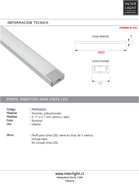 Perfil sobrepuesto para cinta LED aluminio con difusor policarbonato opal  3 Metros - PRPE0001
