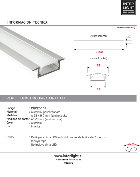 Perfil embutida de aluminio con difusor policarbonato opal para cinta LED 2 Metros - PRPE0005