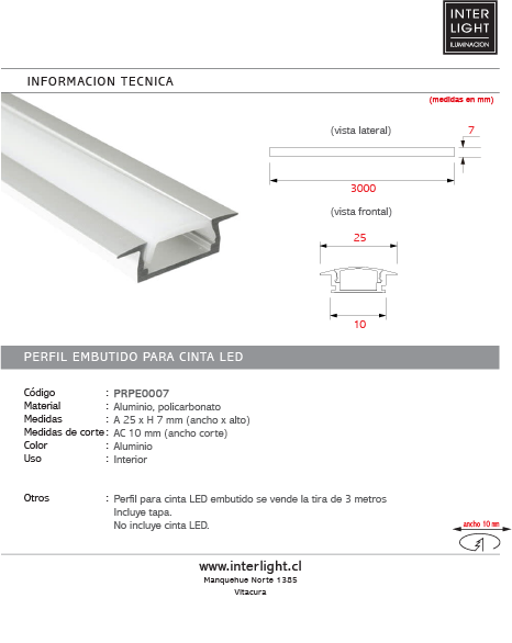 Perfil embutida de aluminio con difusor policarbonato opal para cinta LED 3 Metros - PRPE0007