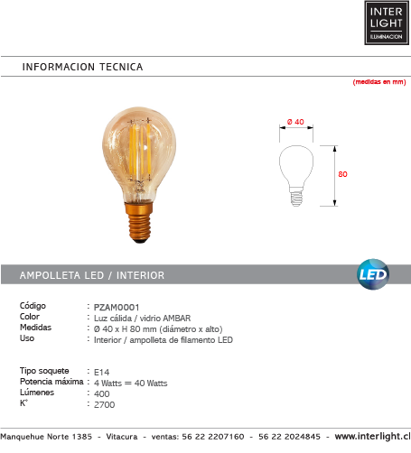 Ampolleta filamento vintage ámbar miniglobo Ø4x8 cm LED E14 - PZAM0001