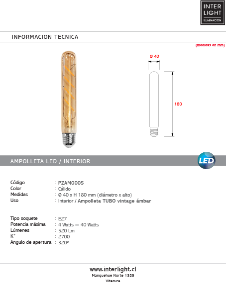Ampolleta tubo T30 vintage luz cálida LED 4W E27 - PZAM0005