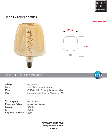 Ampolleta deco vintage luz cálida LED 6W E27 - PZAM0006