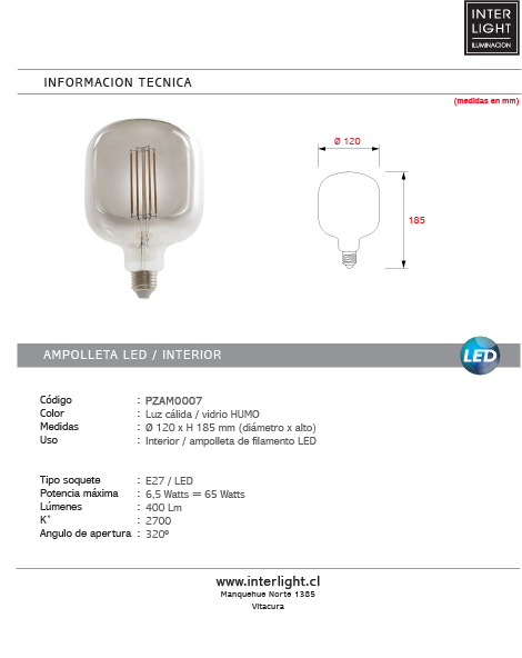 Ampolleta deco vintage gris luz cálida LED 6,5W E27 - PZAM0007