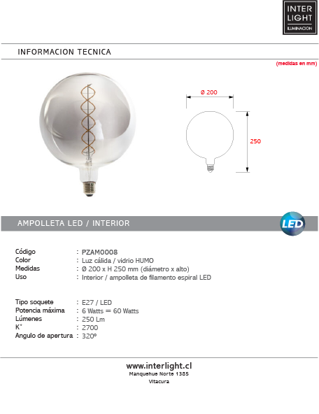Ampolleta jumbo vintage vidrio humo luz cálida LED 6W E27 - PZAM0008
