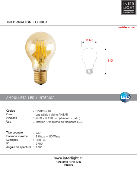 Ampolleta luz cálida 8W 2700K LED E27 - PZAM0010