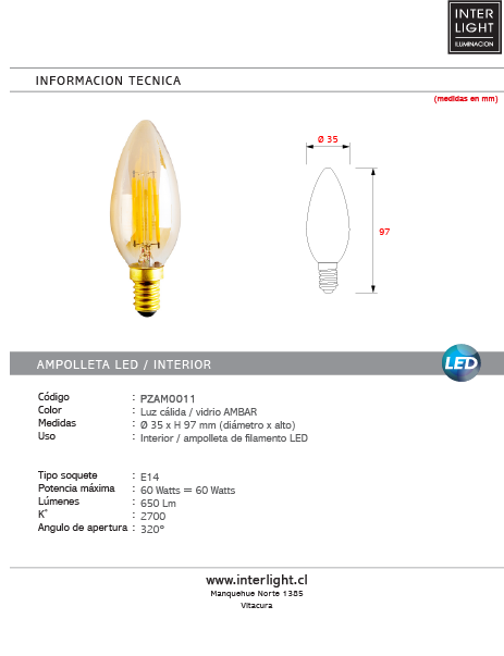 Ampolleta led vidrio ambar vela 6W E14 - PZAM0011