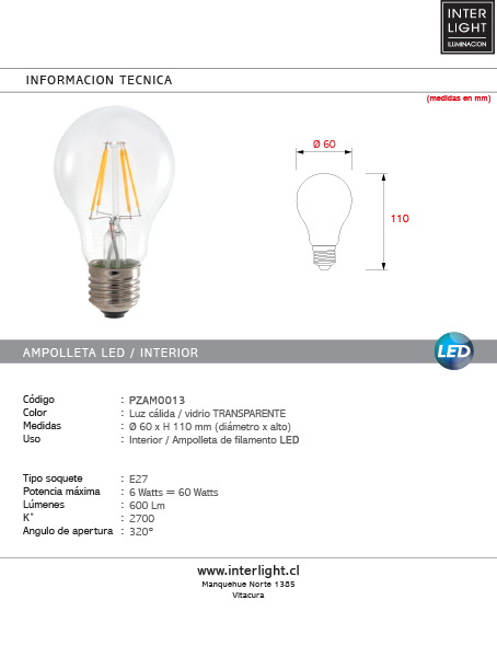 Ampolleta transparente luz cálida 6W 2700K LED E27 - PZAM0013